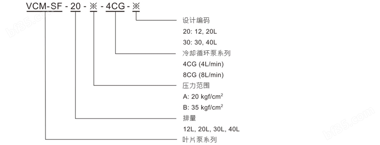 How to order - Design Nr : 20:12,20L, 30: 30, 40L, Cooling circulation pump type: 4CG （4L/min）, 8CG （8L/min）, Pressure ranges: A: 20 kgf/cm2 / C: 55 kgf/cm2 / B: 35 kgf/cm2 / D: 70 kgf/cm2, Displacement: 12L, 20L, 30L, 40L, Variable Displacement Vane Pump Series